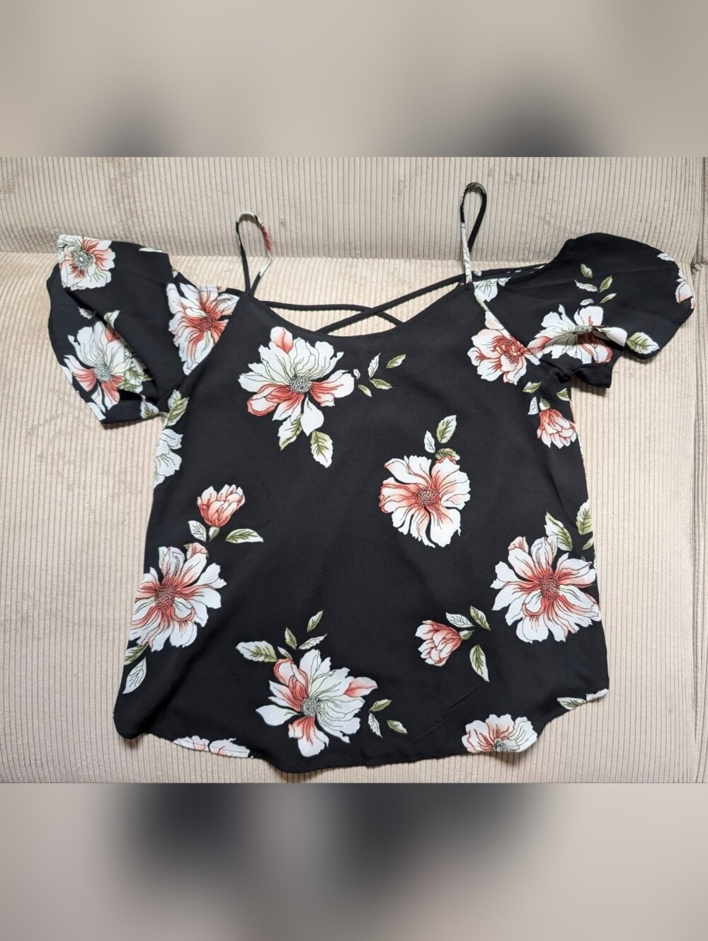Kaileigh Black Cold-Shoulder Floral Camisole with Coral & White Blooms